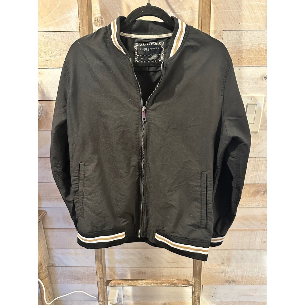 Denim & Flower Ricky Singh Mens Black Bomber Jacket Striped Trim Size L